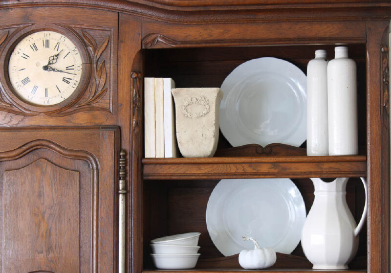 fall hutch decorating with white accessories