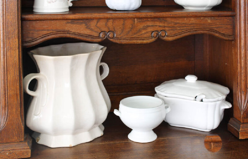 fall hutch decorating with white accessories