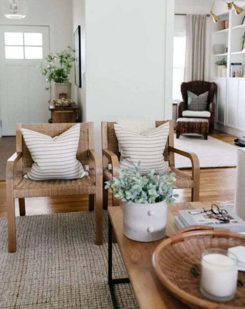 white painted living room with warm wood accents
