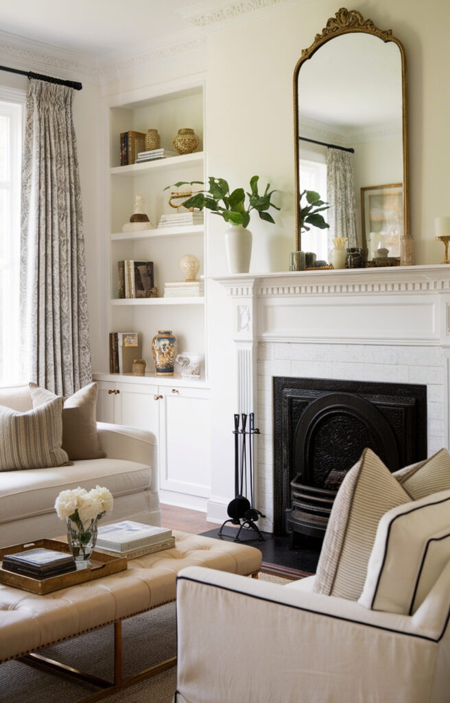 white classic  living room with fireplace