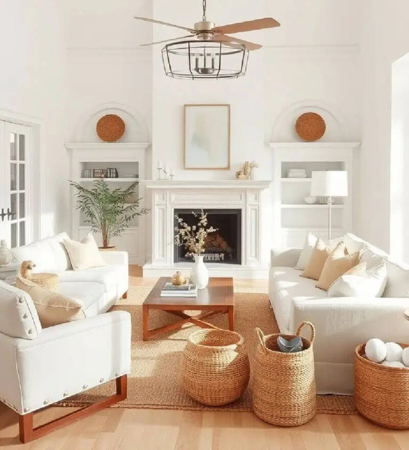 white painted living room with warm wood accesories