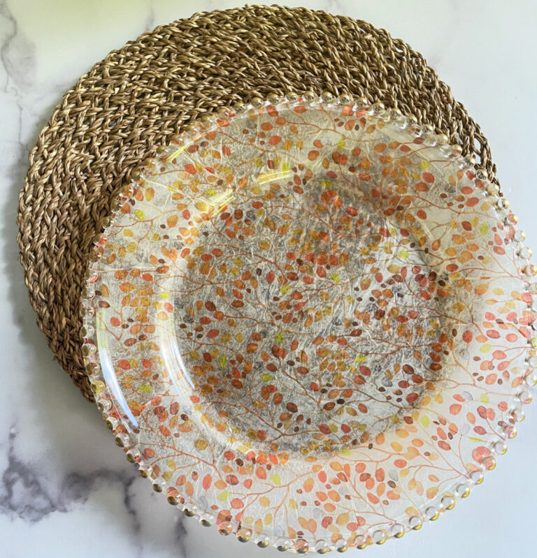 DIY fall decoupage charger with a woven placemat