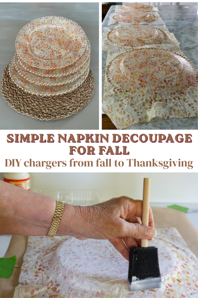 DIY fall decoupage charger with leaf design graphic