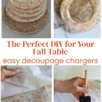 DIY fall decoupage charger with leaf design graphic