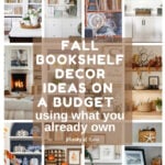 fall bookshelf decor ideas pin with pumpkins and warm-toned books