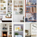 collage of fall bookshelves styled with pumpkins, books, and candles