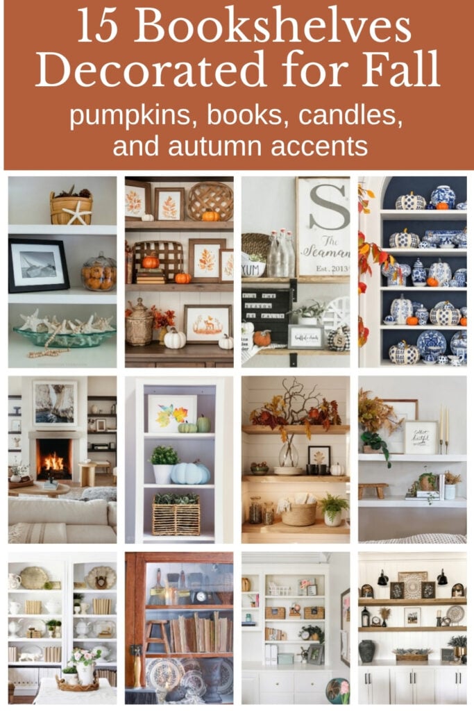 bookcases and open bookshelves decorated for fall