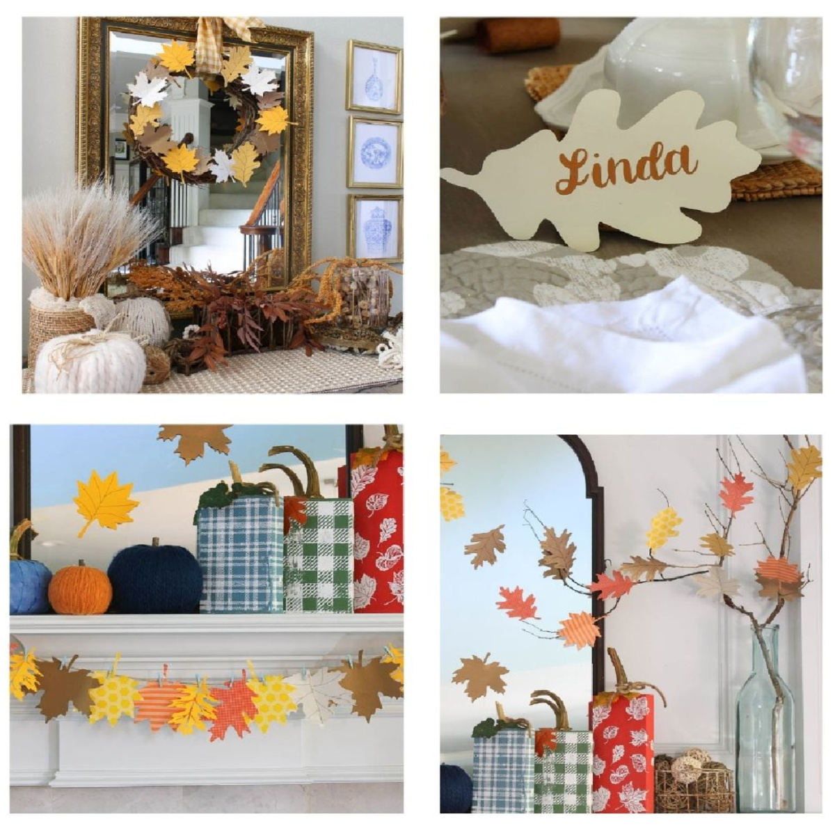 collage of 4 fall leaf DIY projects