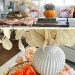 fall tray with pumpkins and vintage finds in tray