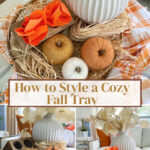 fall tray with pumpkins and vintage finds in tray