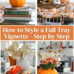 fall tray with pumpkins and vintage finds in tray