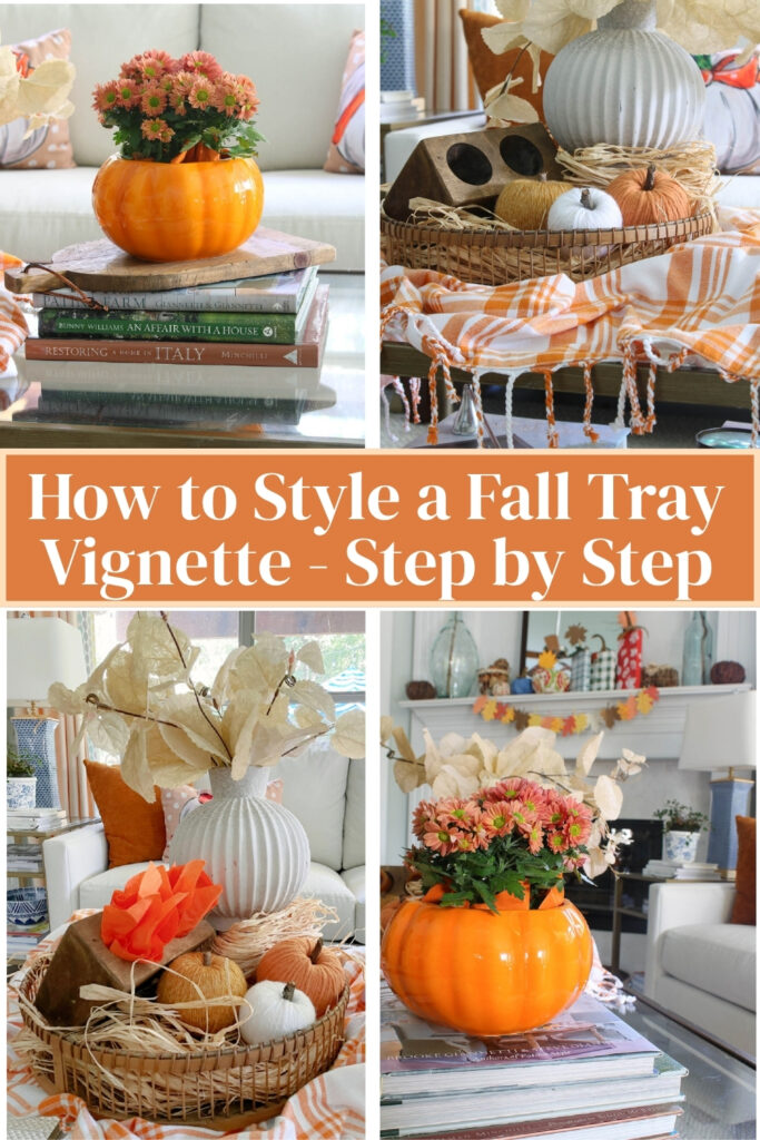 fall tray with pumpkins and vintage finds in tray