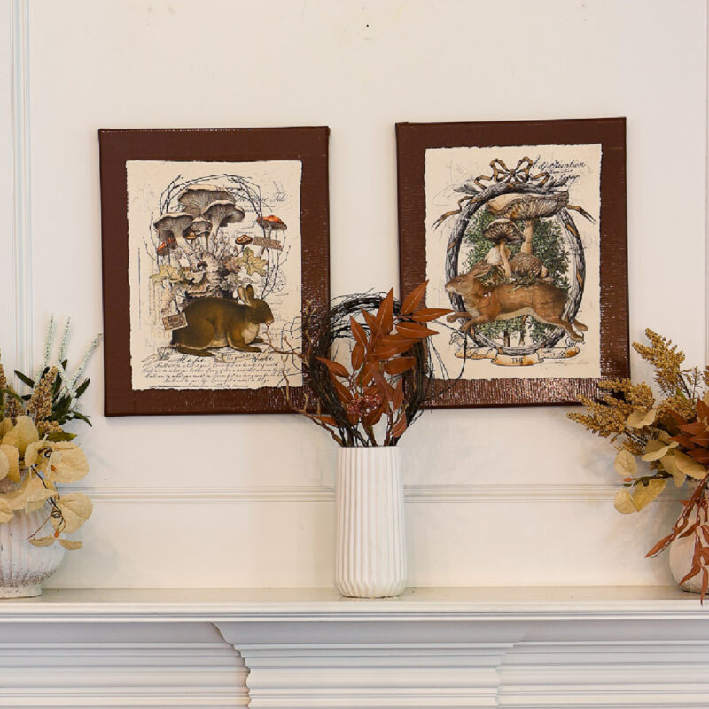 fall wall art prints on mantel with faux florals