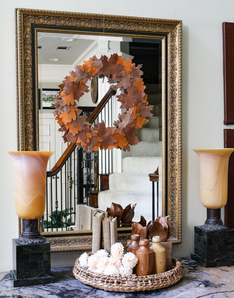 felt leaf wreath on mirror