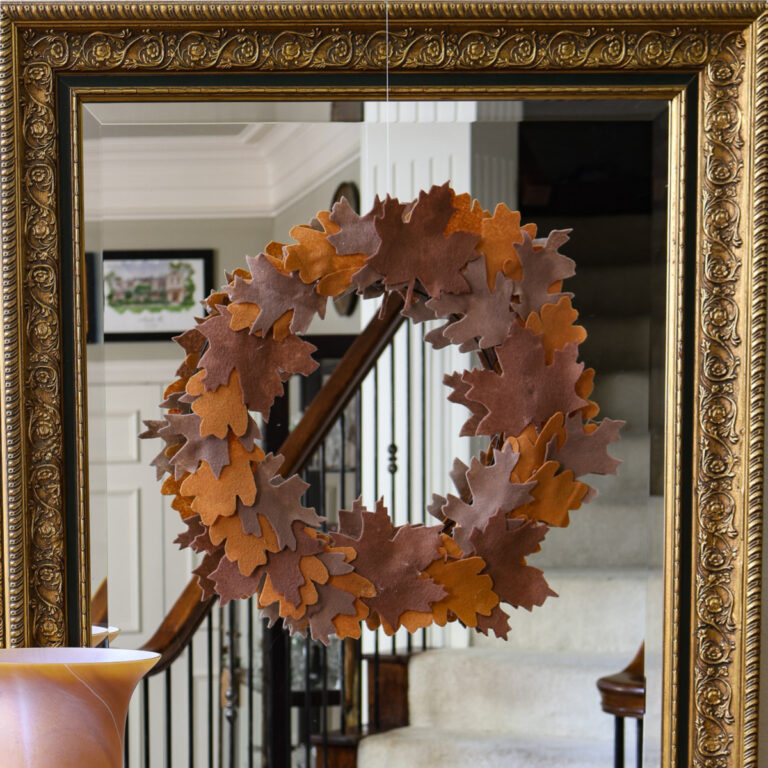 felt leaf wreath on mirror