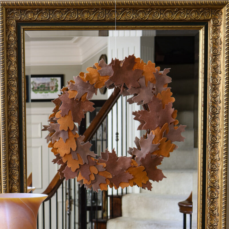 felt leaf wreath on mirror