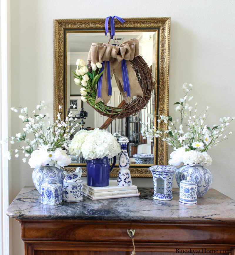 blue and white decorative accessories in a entry