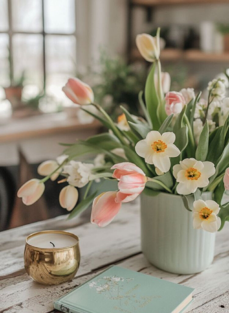 crock of pink spring flowrs for spring decor on kitchen counter