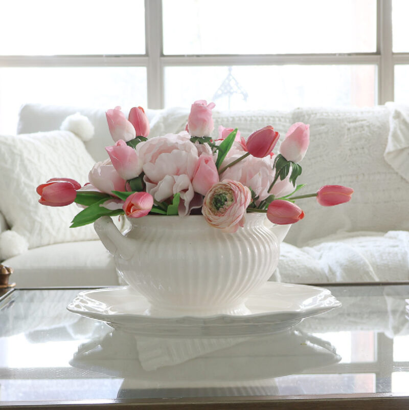 spring centerpiece on coffee table