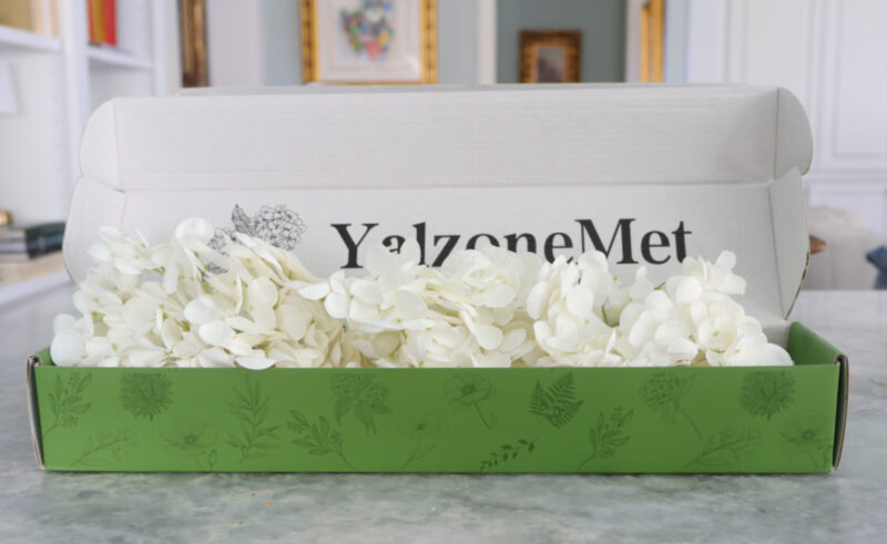 box of faux white hydrangeas