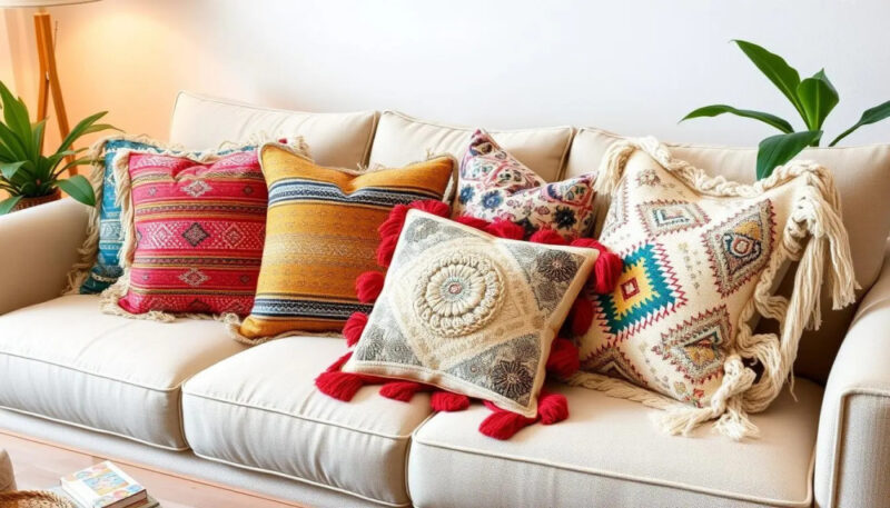 colorful decorative pillows with tassels on sofa