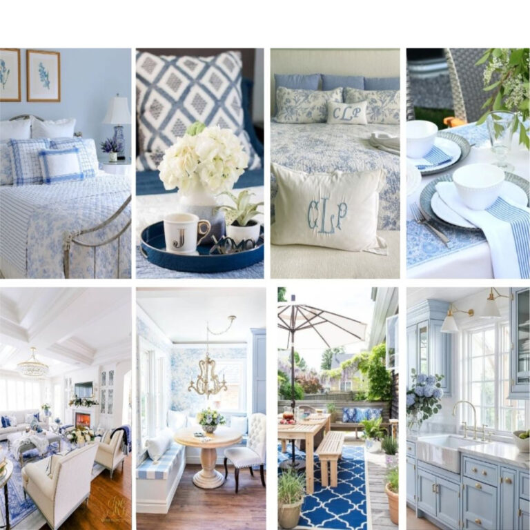 collage of blue home design images