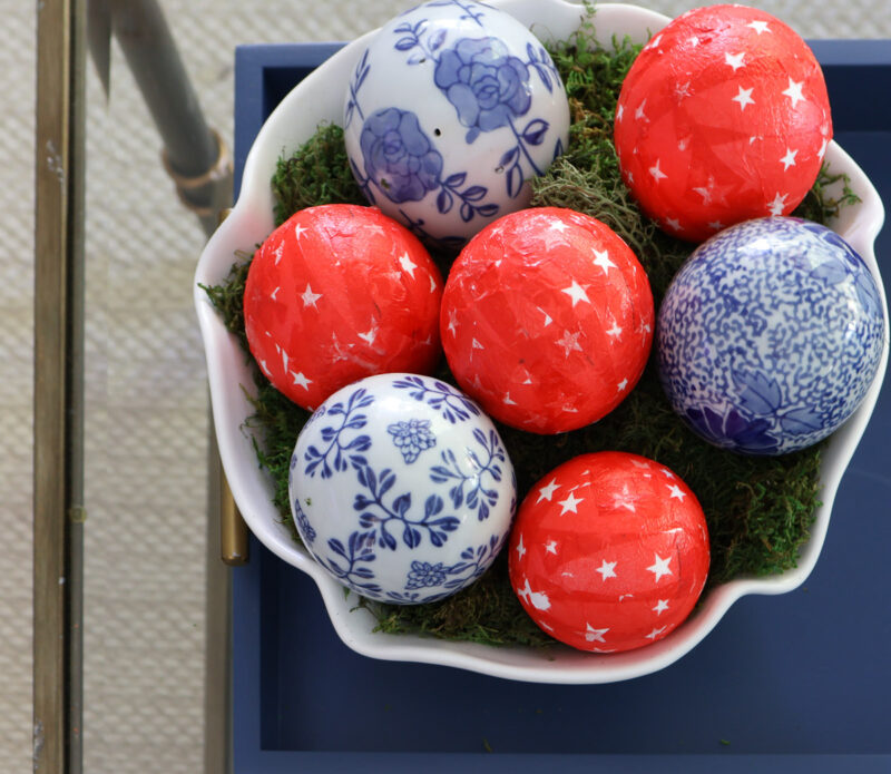 red and white star decoupage balls with blue chinoiserie balls in white balls