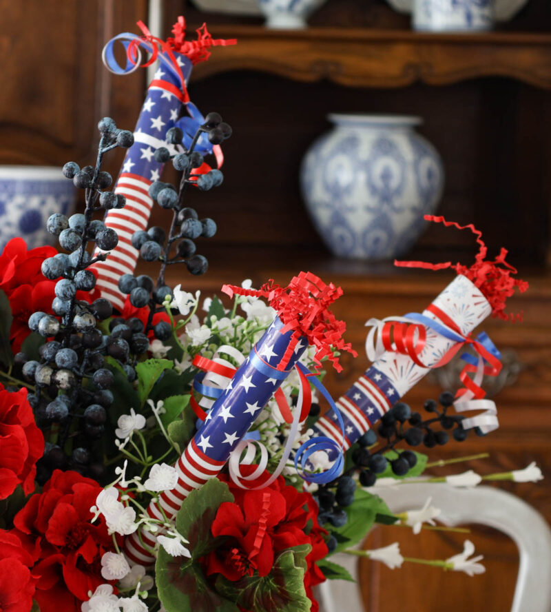 firecrackers and red, white, and blue flowers