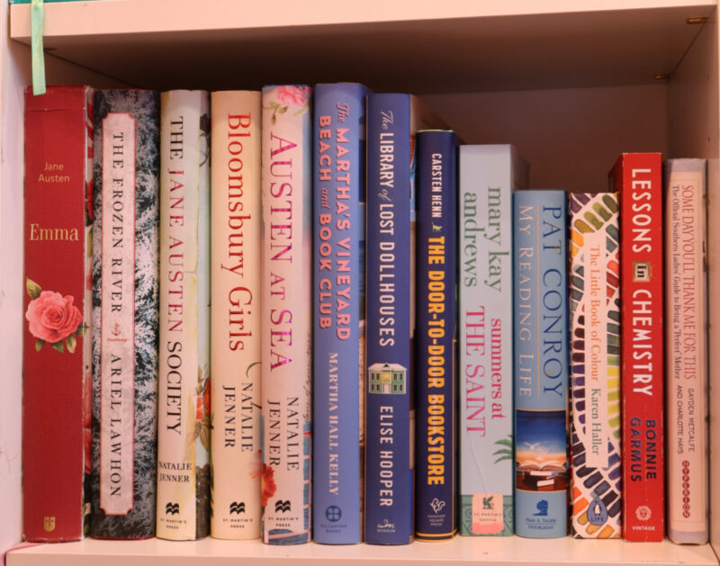 stack of classic books on bookshelf