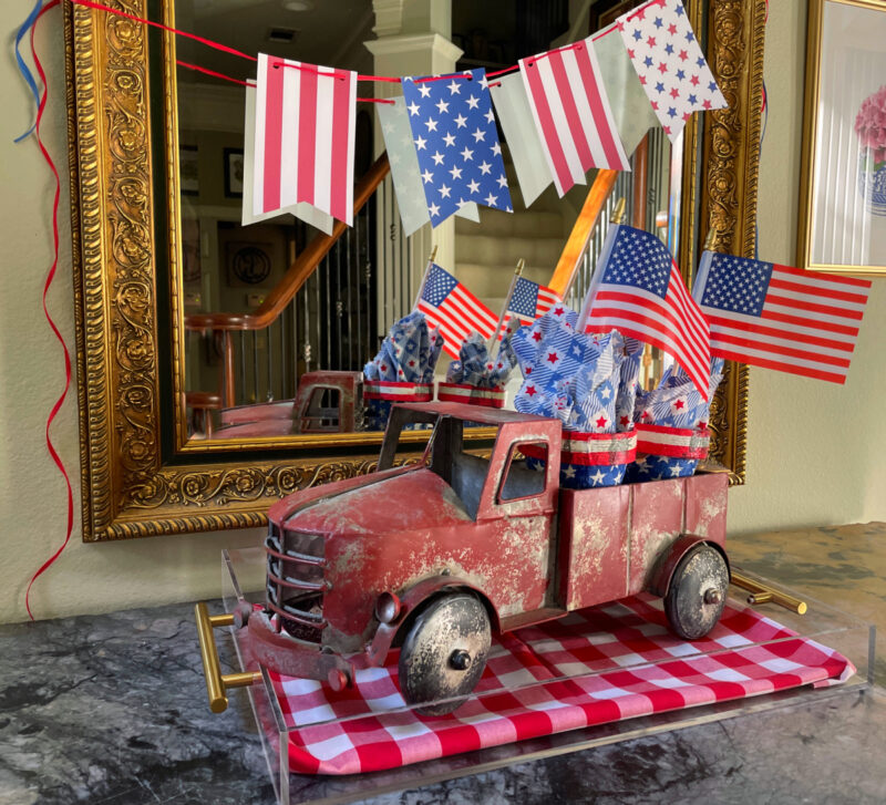 red truck with flags