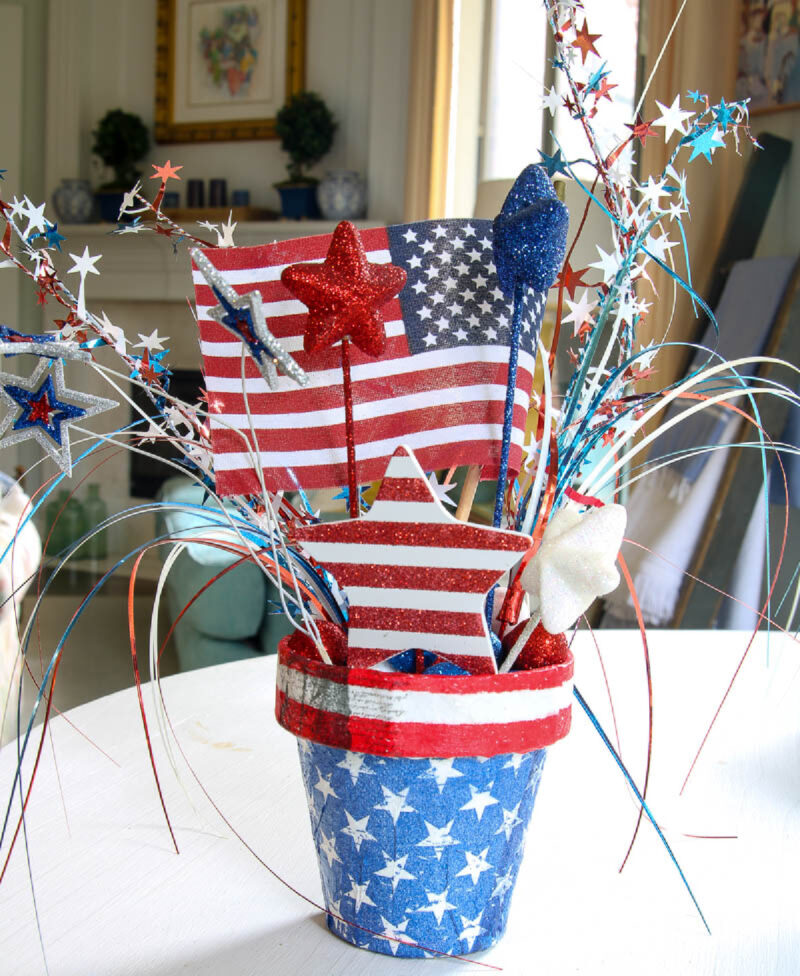 red, white, and blue decoupage terra cotta pots