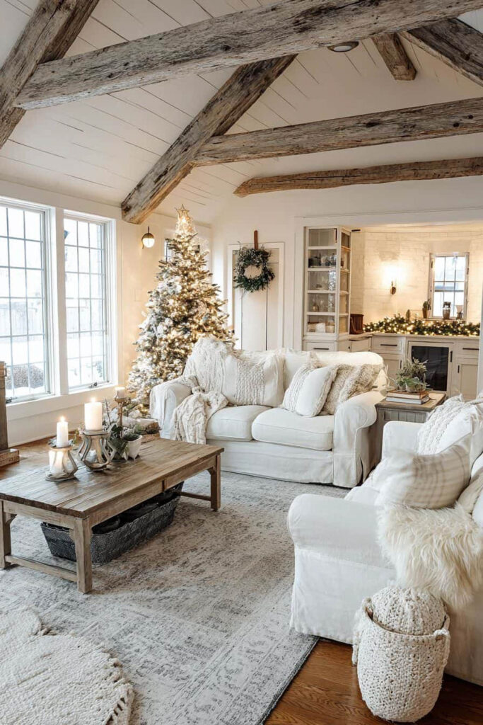 white living rooms decorated for Christmas