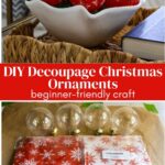 decoupage red white ornaments in white bowl on tray