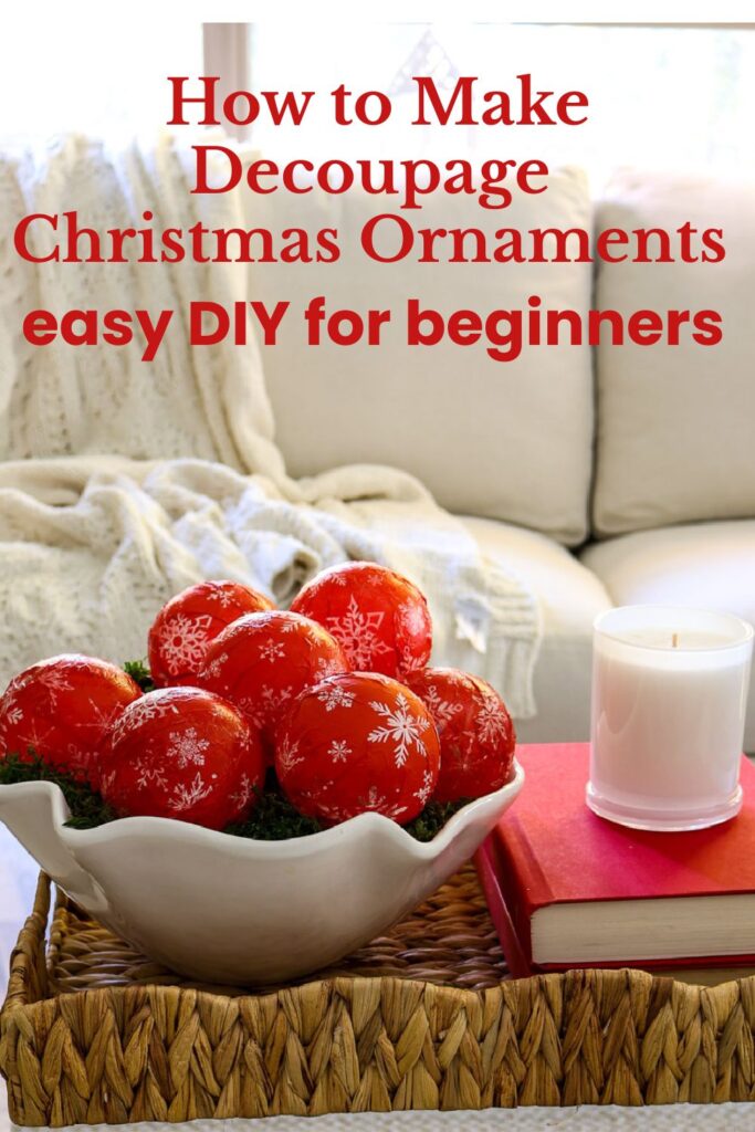 decoupage red white ornaments in white bowl on tray