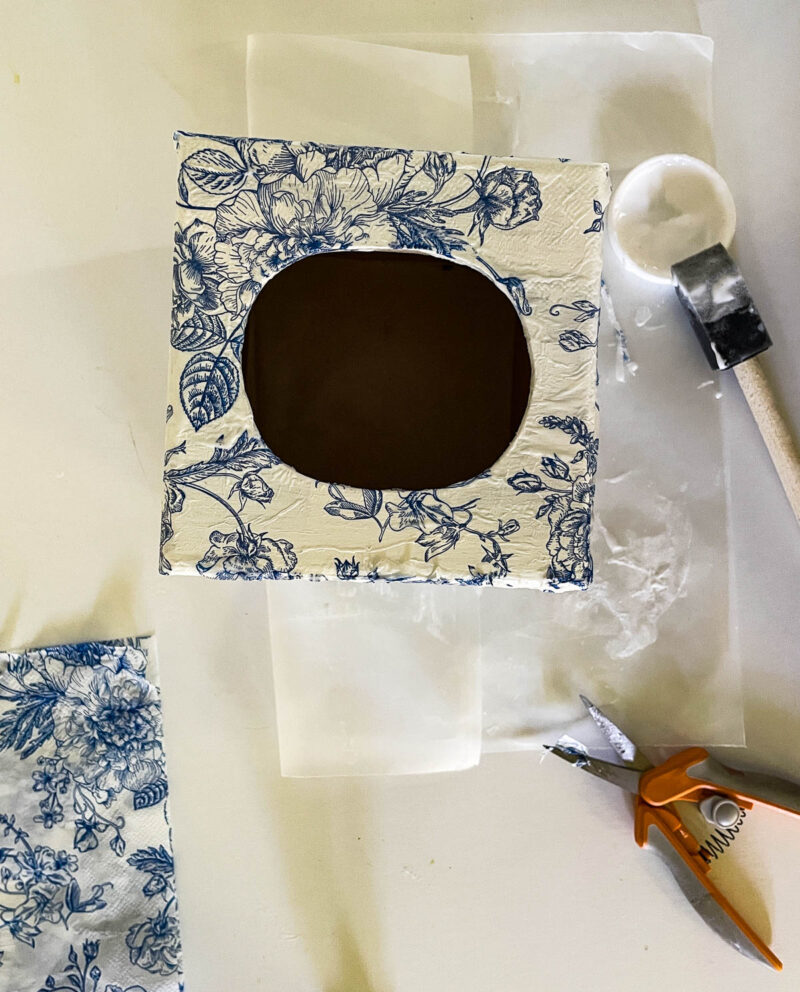 top of the tissue box with decoupage paper