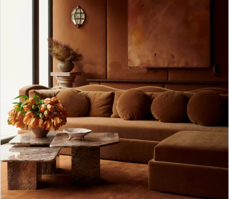 fall decor caramel-brown sectional sofa and walls