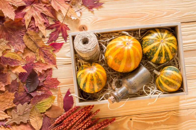box of fall decorations