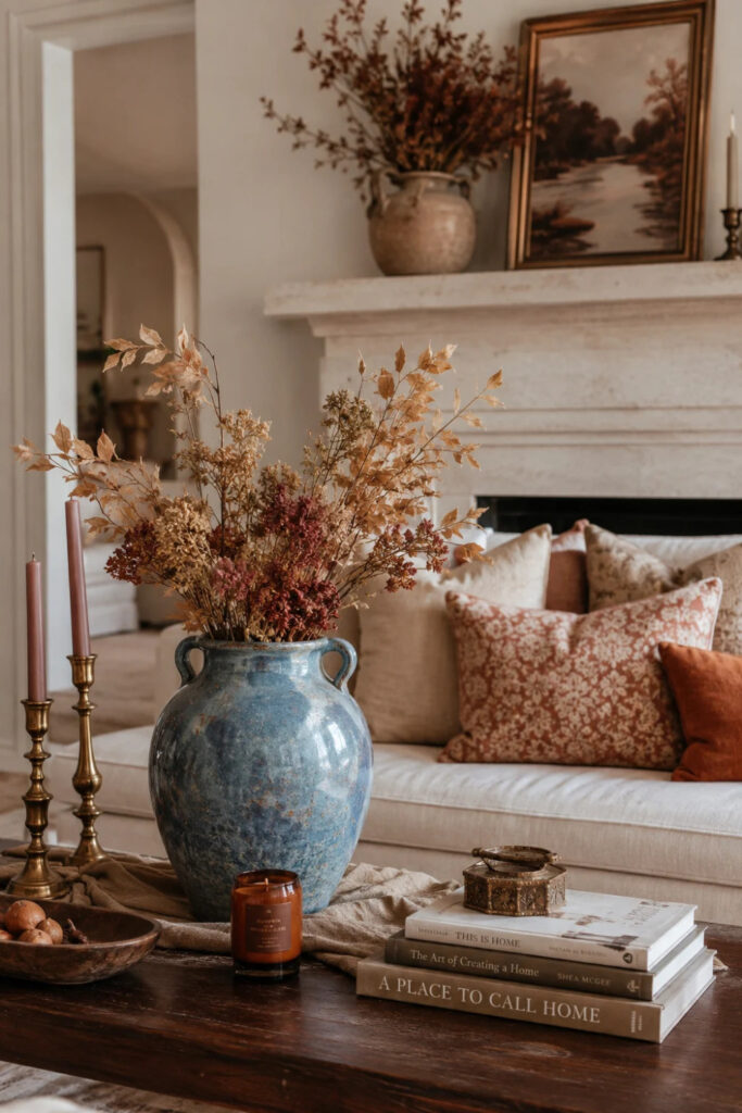 blue vase on brown coffee table for fall decor trends