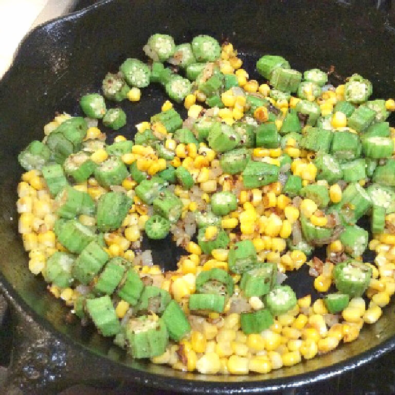 corn and okra in cast iron skillet
