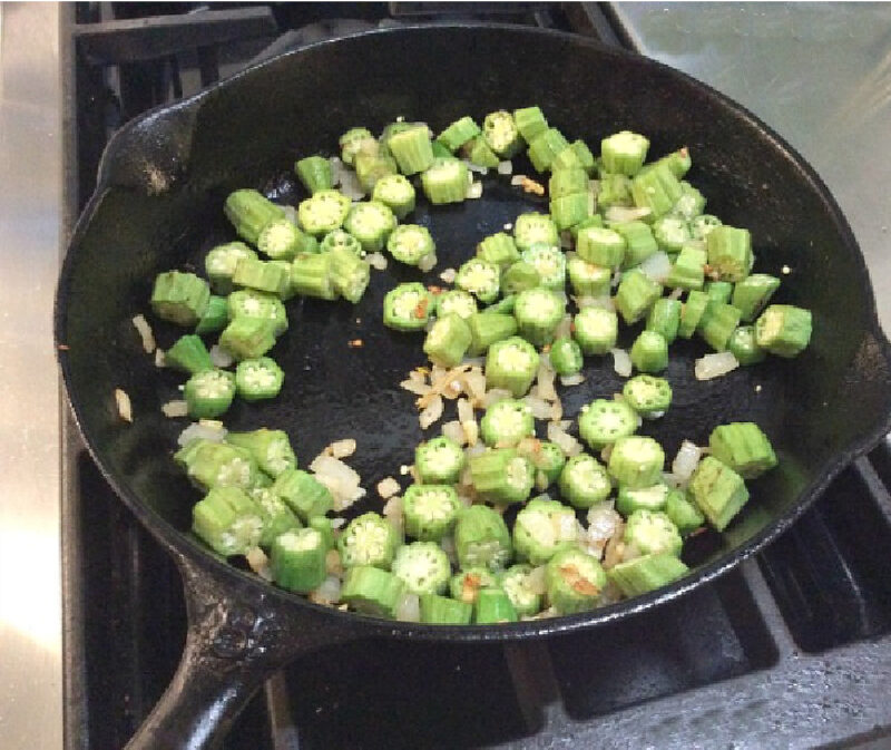 sauteing okra and onions in cast iron skillet