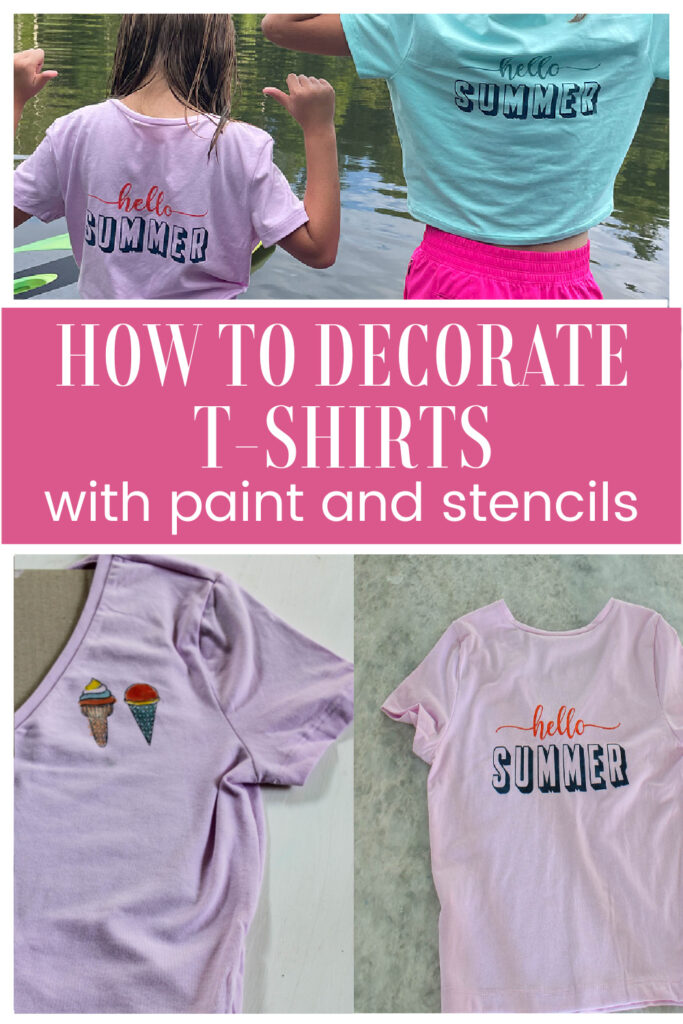 collage of images showing DIY stenciled t-shirts
