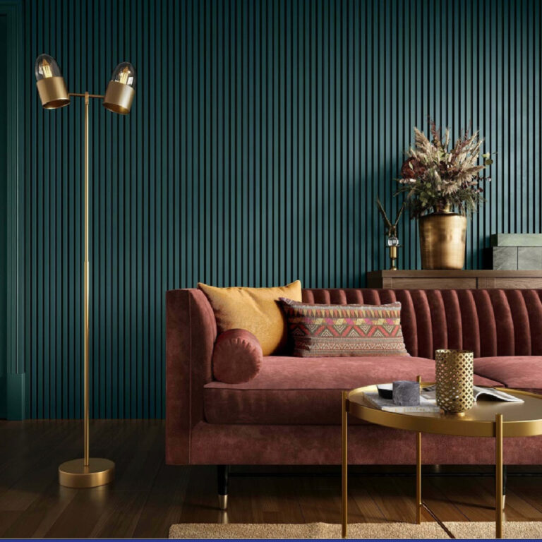moody living area for 2026 with dark rust sofa and dark green walls