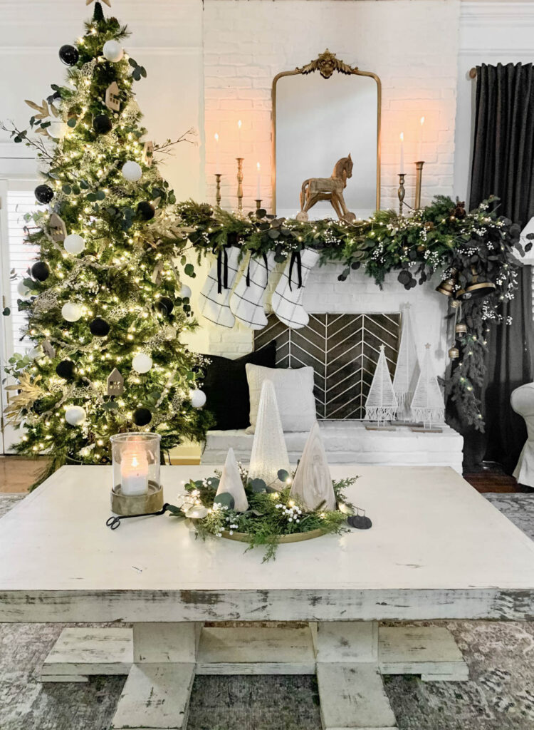 white living rooms decorated for Christmas