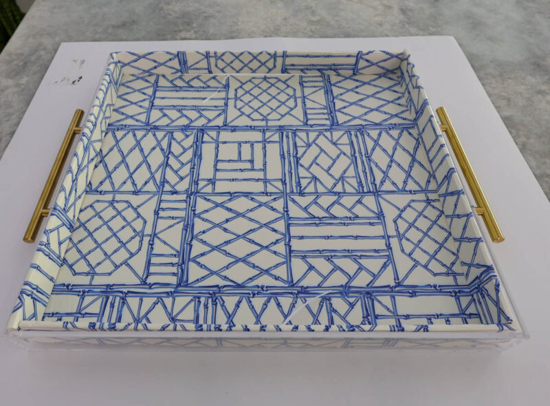 acrylic tray decorated with blue and white graphic design