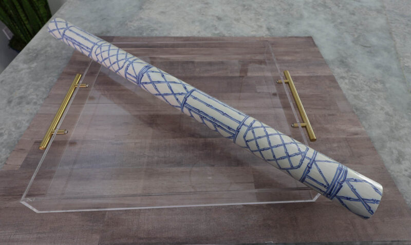blue and white wrapping paper on acrylic tray