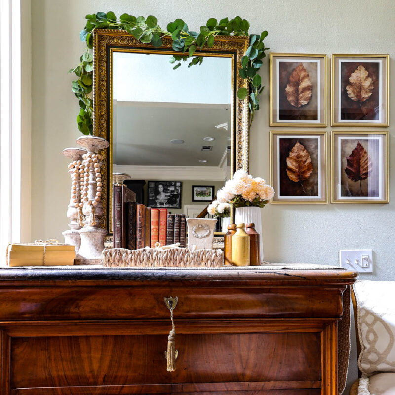 early fall entryway with fall leaf art prints