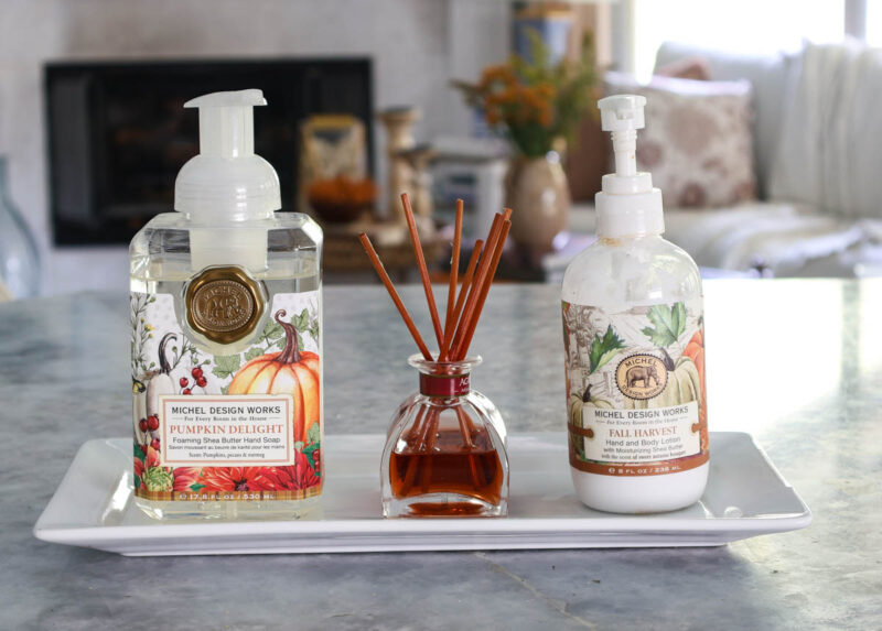 white tray with fall soap and lotion