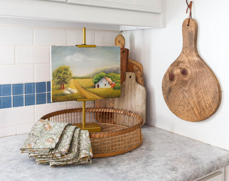 fall kitchen decor with tray, art, and napkins