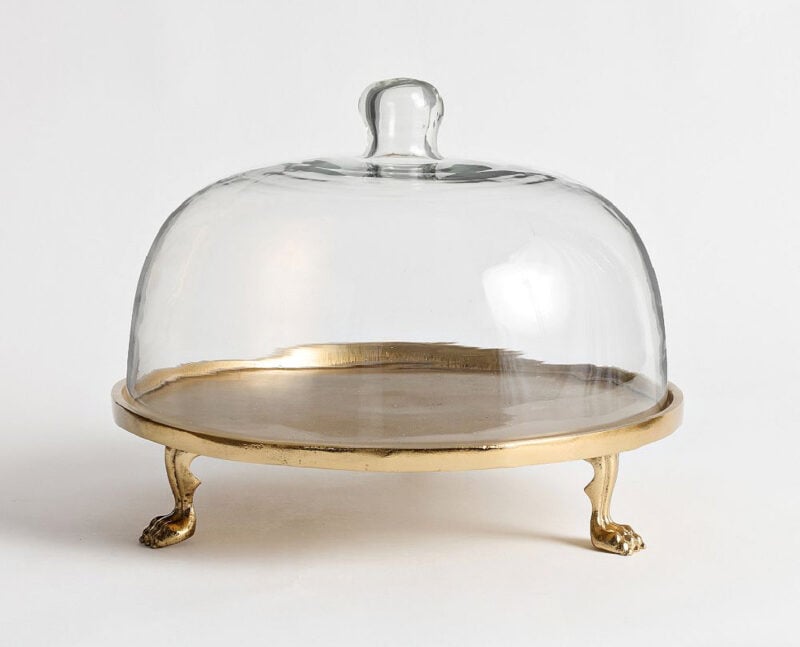 glass cloche on metal cheese stand