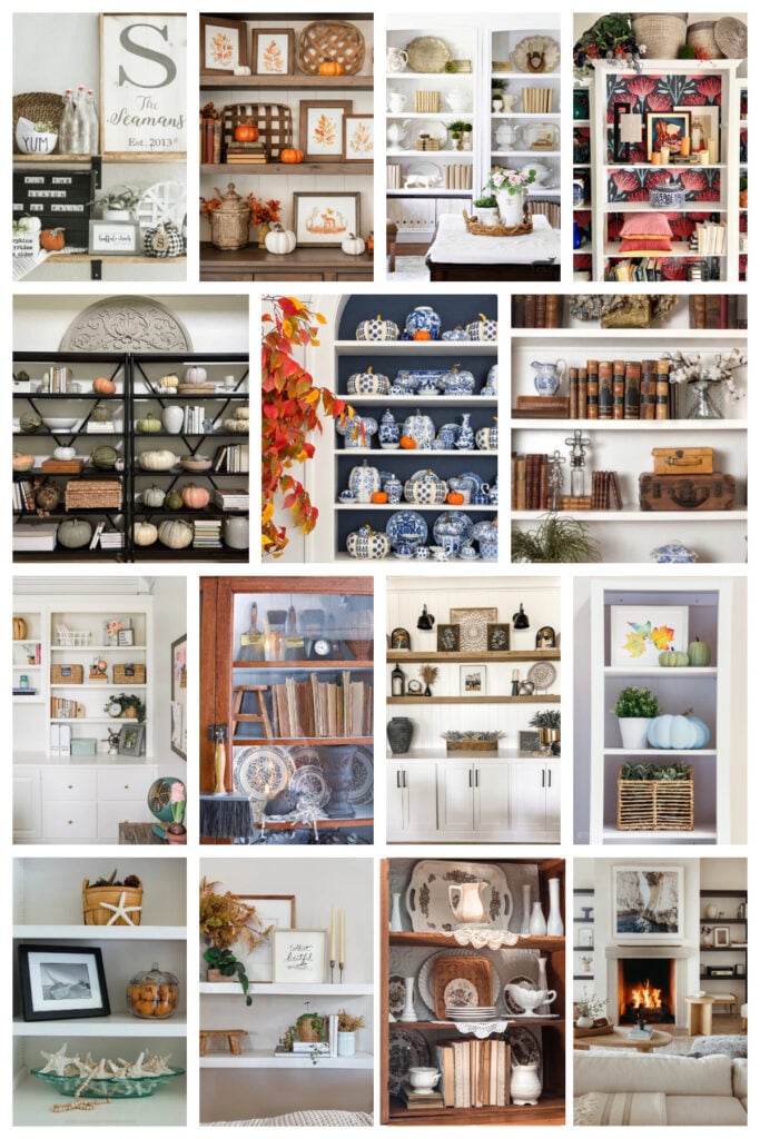 collection of images of fall bookshelf ideas in different styles and colors